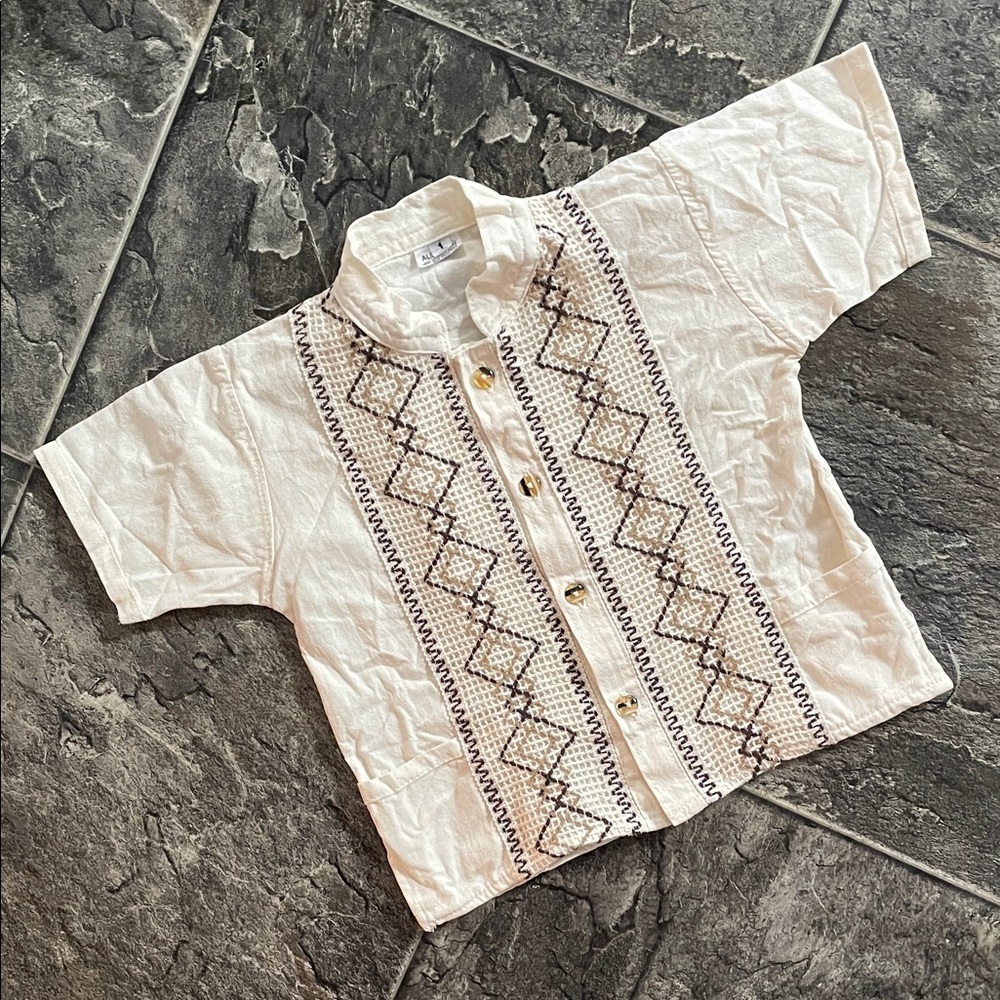 Vintage Kids Boho Embroidered Pattern Cream & Brown Cotton Preppy Button Shirt
